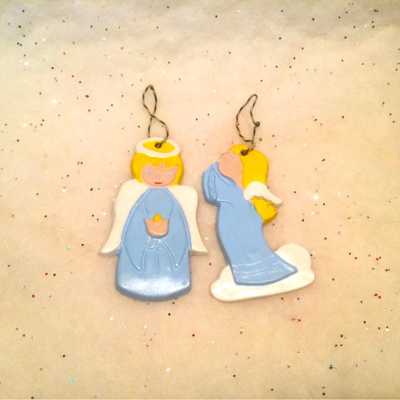 Vintage Ceramic Christmas Ornaments 2 Angels Hand Painted Sweet Blue Eyes Blonde - Picture 1 of 4